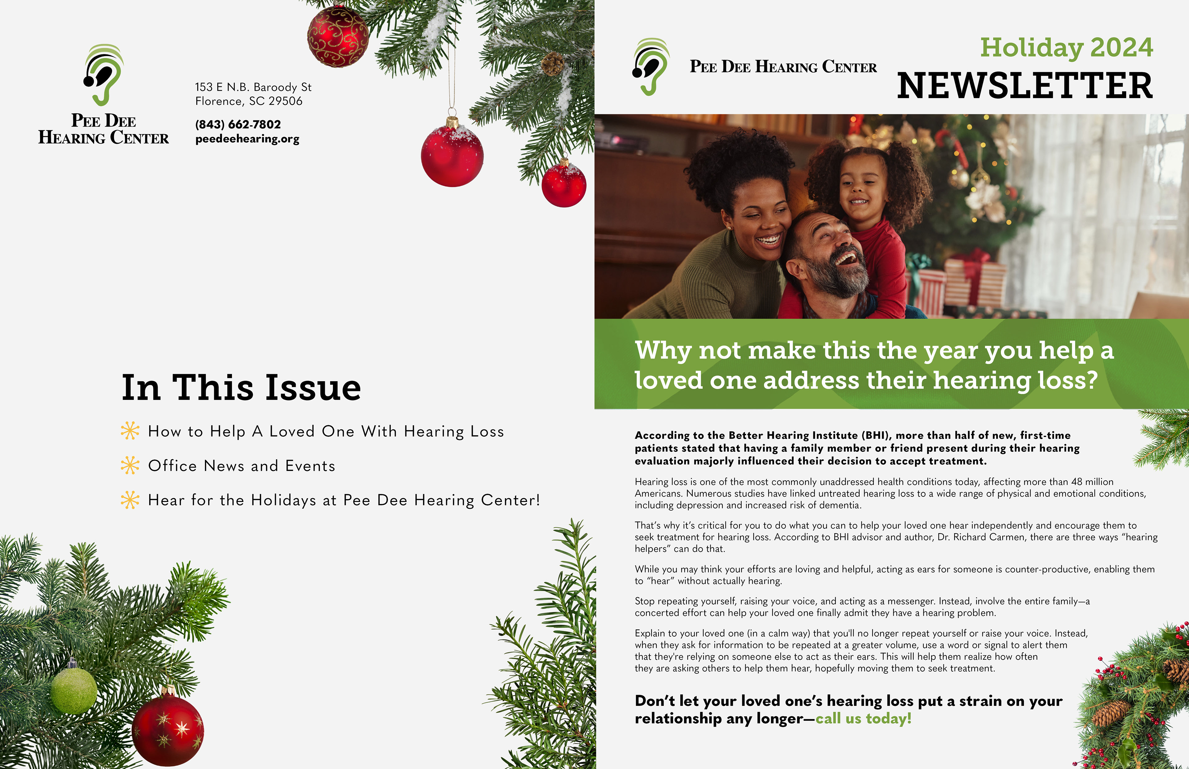 Pee Dee Hearing Center Holiday 2025 Newsletter - Spread 1