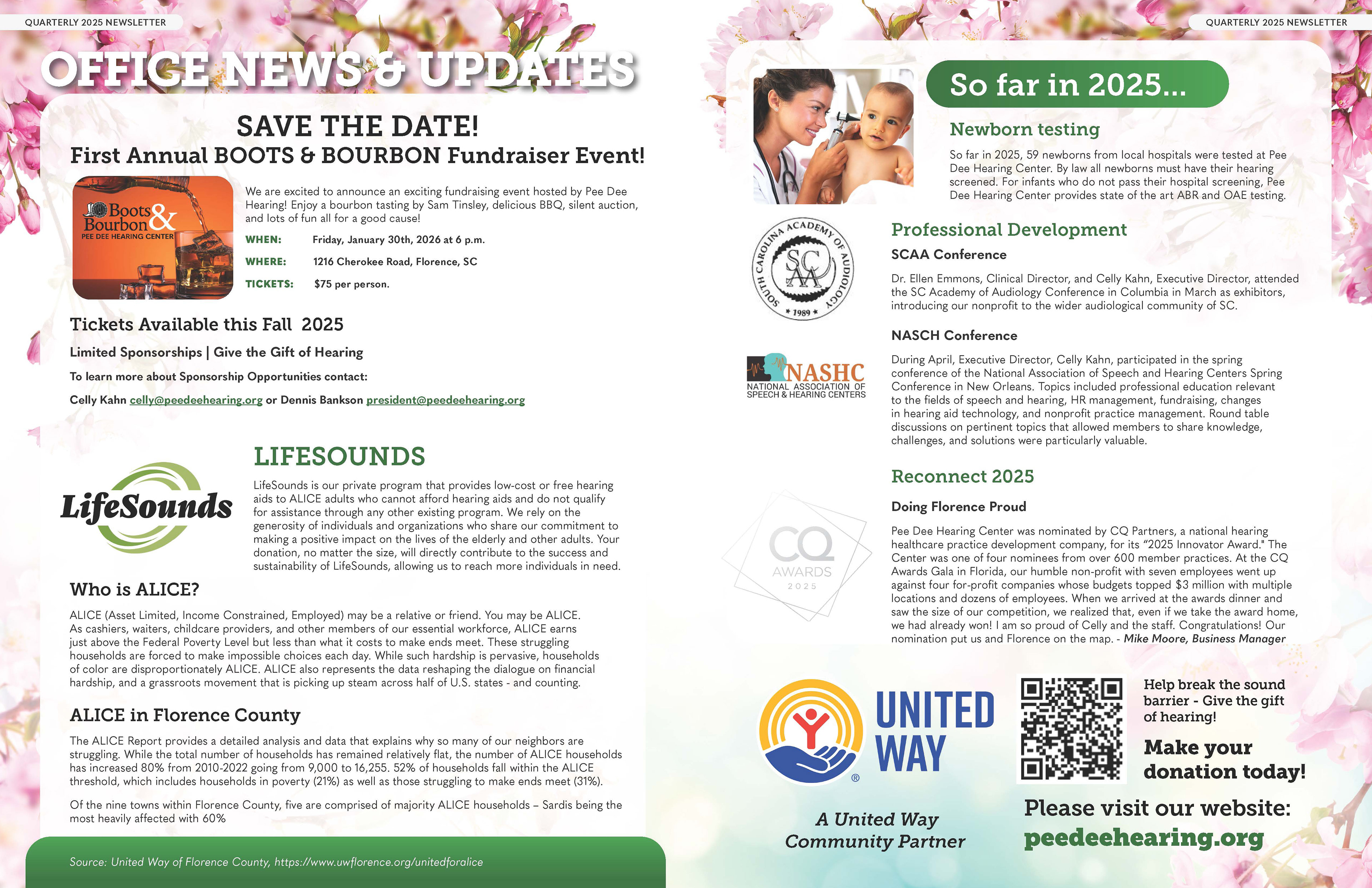 Pee Dee Hearing Center Spring 2025 Newsletter - Spread 2 - Boots & Bourbon Event logo and info included