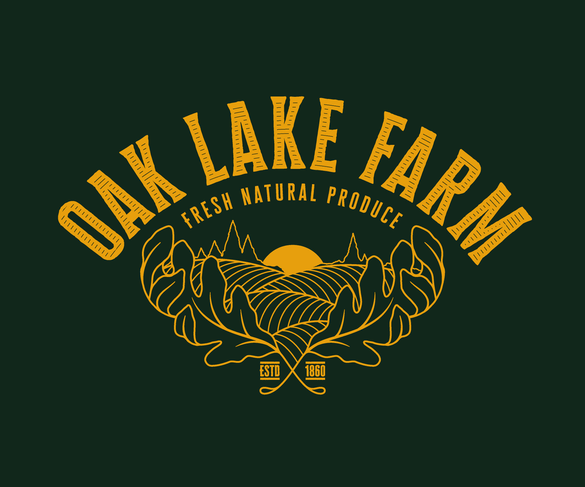 The secondary logo for Oak Lake Farm, with warm yellow text and sunset hill illustration, on a dark green background.