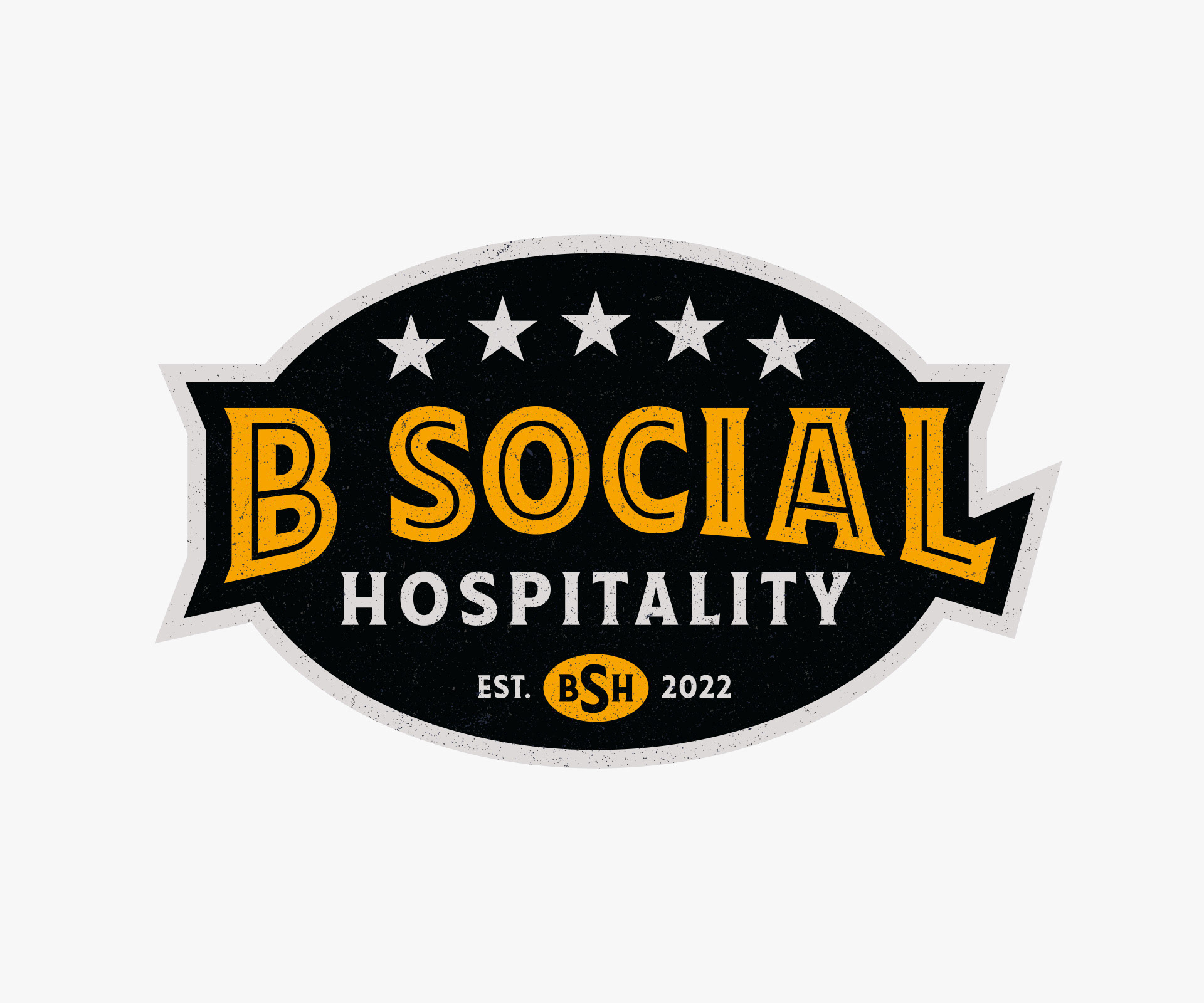 The primary logo for B Social Hospitality, consisting of a black oval shape with warm yellow text, white text, and five white stars, on a white background.