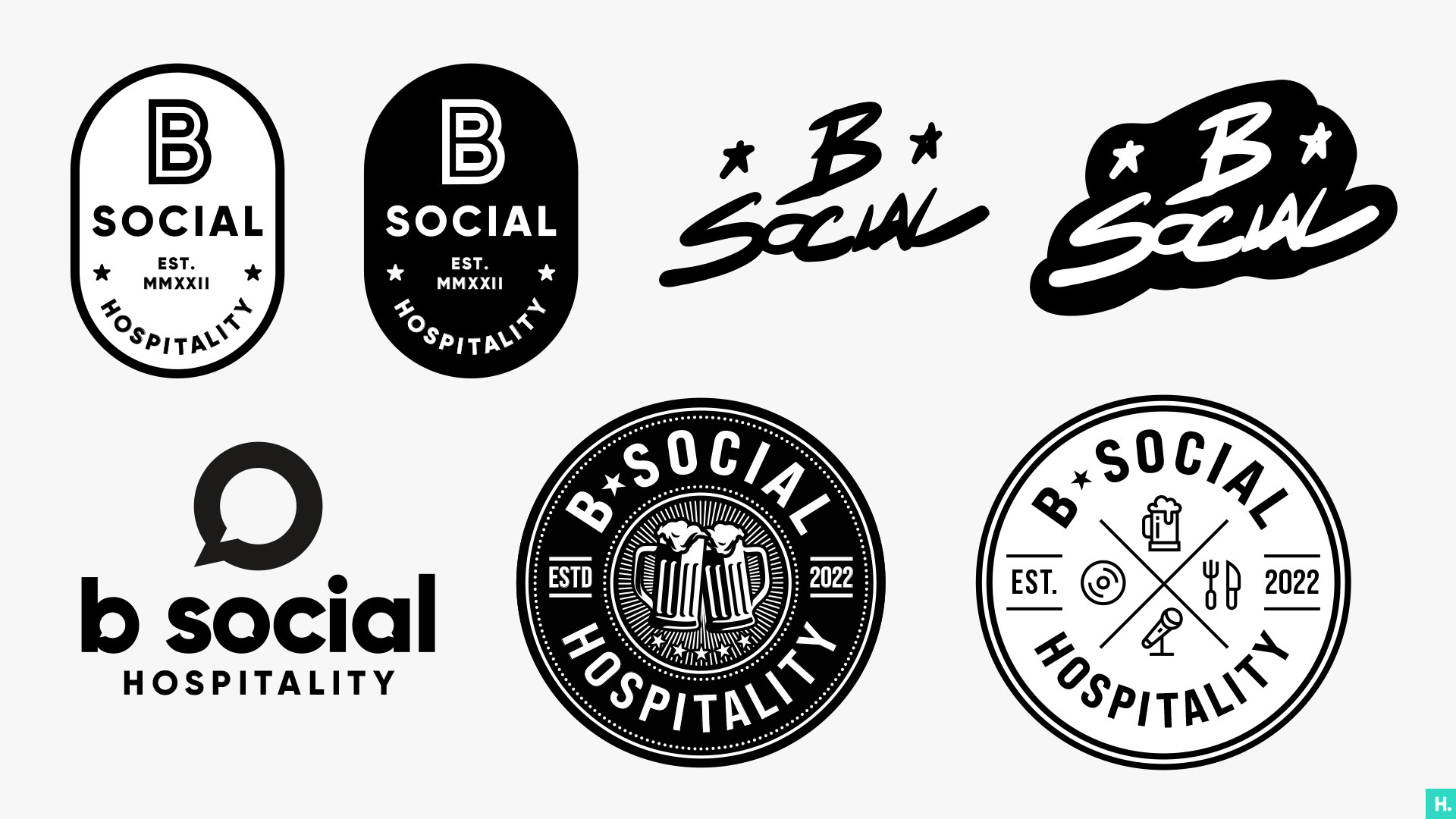 A collection of mostly circular and ovoid black and white logo concepts that were designed during the logo design process for B Social Hospitality.