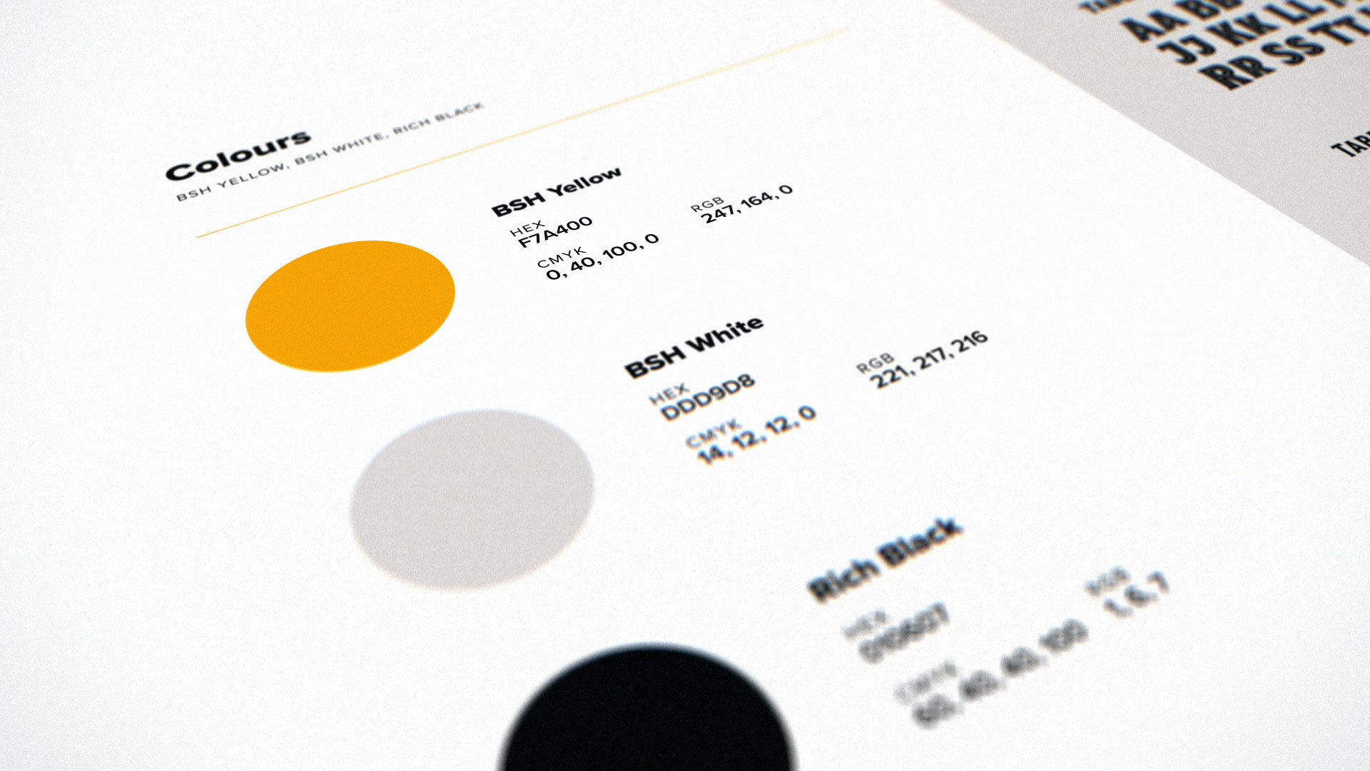 A brand guidelines document that specifies the HEX, CMYK, and RGB values of the warm yellow, light grey, and rich black colours used in the B Social Hospitality logo.