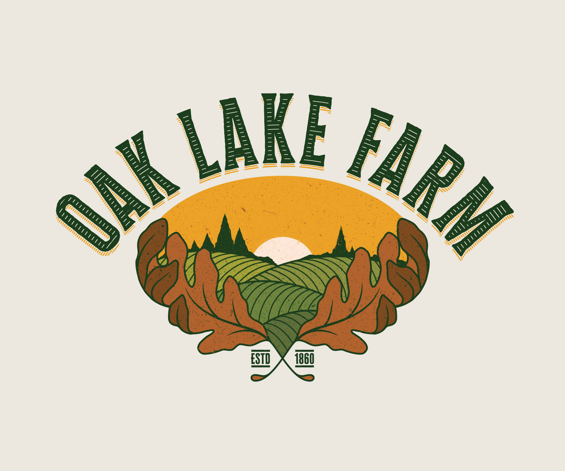 The primary logo for Oak Lake Farm, consisting of dark green text in an arc over a sunset hill with a golden sky and rolling green pastures, and framed by two oak leaves.