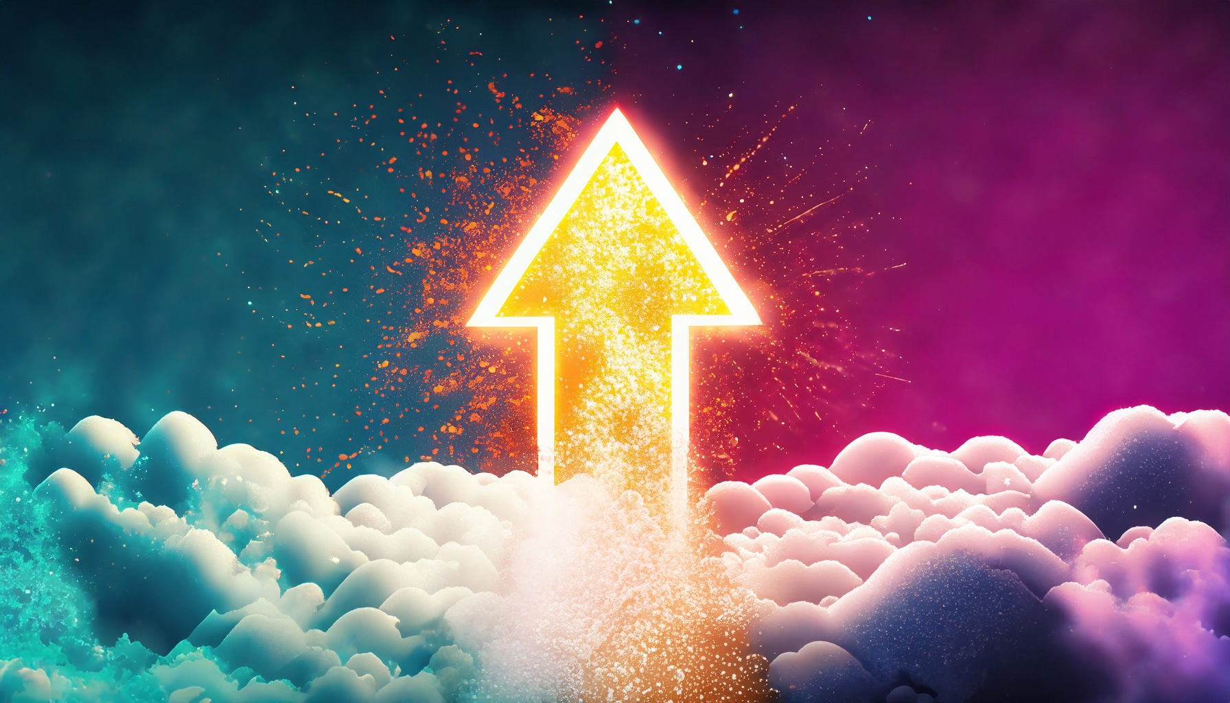 An illustration of a white-hot, upwards-pointing arrow piercing through brightly-coloured clouds.