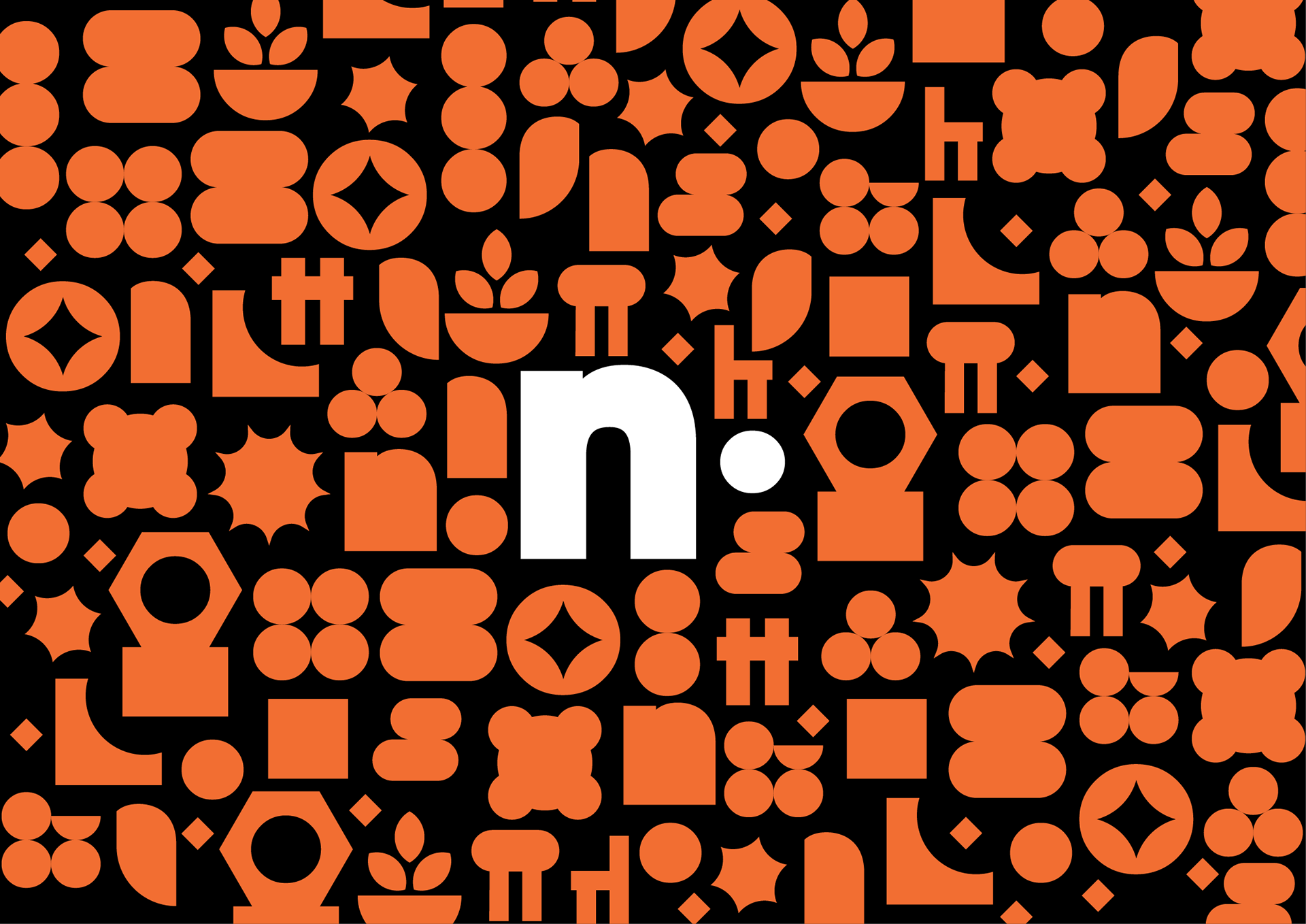 NAMATT brand pattern combining orange geometric shapes, furniture and plant icons around a white symbol on black.