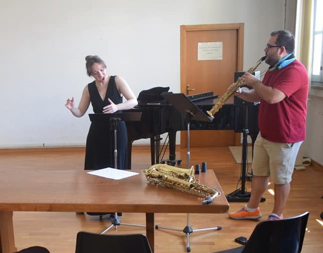 Niki Lada (voice) and Michele Bianchini (sax) rehearsing "Sonnet VIII"