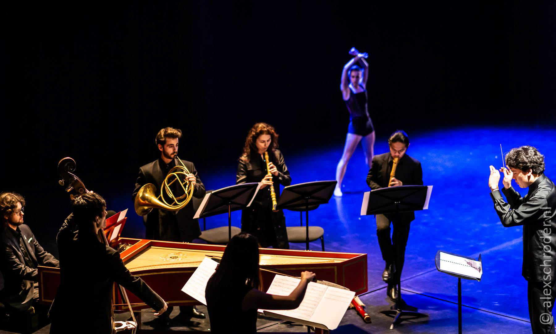 Three pieces for baroque ensemble Conducted by Leonard Kwon, performed by the Natthapong Sirisit (rec.), Olga Kuznetsova (ob.), Nicolas Roudier (hn.), Placida Ho (vln.), Takumi Hiratsuka (vlne), Eliot Dios Martinez (hps.) and the dancer Juul van Helvoirt.