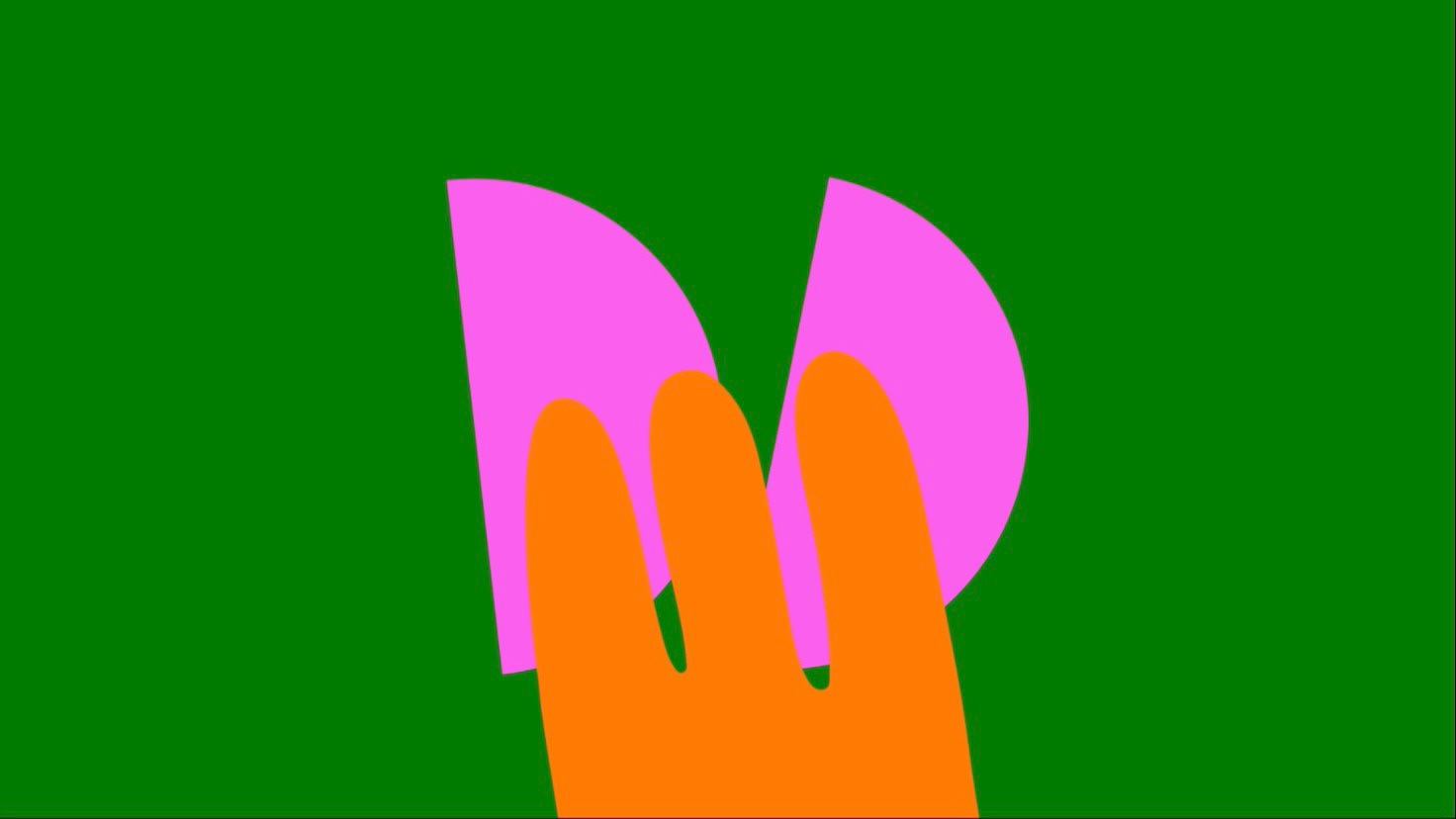 Motion Graphics Screenshot, pink half circles, orange  dolomite fingers, green background
