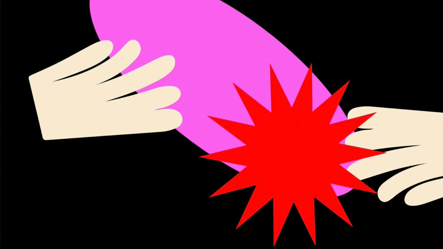 Motion Graphics Screenshot, two white hands, pink oval shape, red sun