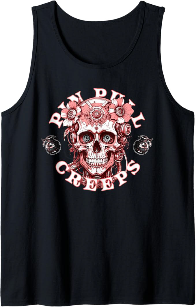 Circuit Bloom Creeps Tank Top featuring a neon-vibrant mechanical skull with organic floral overgrowth. 100% cotton sleeveless streetwear shirt with high-saturation tech-wear graphics.