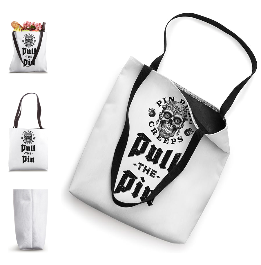 Close-up of the Static Signal Tote hardware. Highlighting the 16x16 spun polyester canvas construction and reinforced black cotton webbing straps for the Pin Pull Creeps gear line.