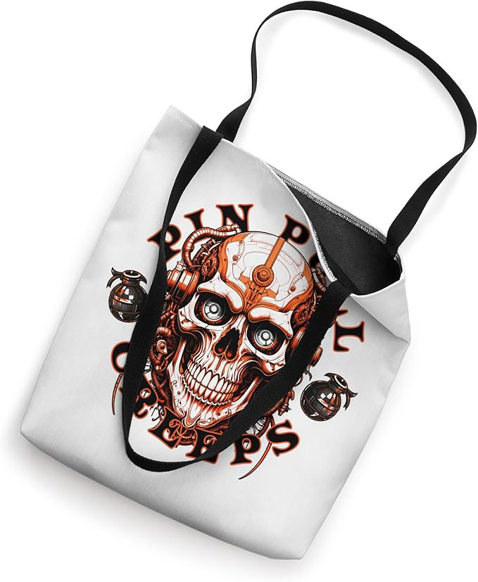 Front view of the Mind Lag Creeps Tote Bag. Showcases the glitched, offset digital interference skull on a heavy-duty polyester canvas tote.
