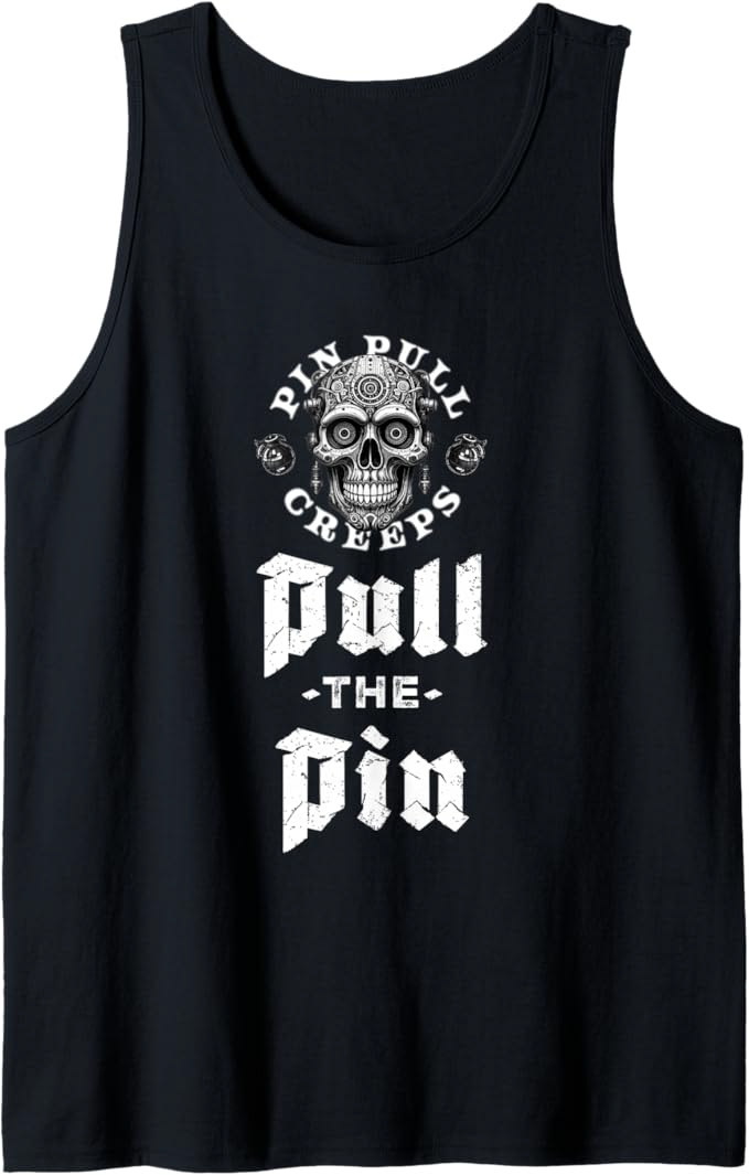 Static Signal Creeps Tank Top featuring a high-interference mechanical skull design. Features digital white-noise textures and industrial grit patterns on a premium 100% cotton sleeveless streetwear shirt.