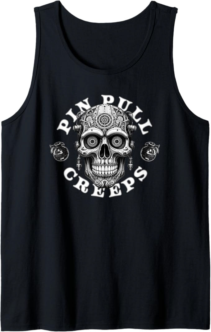 Dead Signal Creeps Tank Top featuring a monochromatic mechanical skull and void-pattern graphic. 100% cotton sleeveless streetwear shirt with a high-contrast industrial aesthetic.