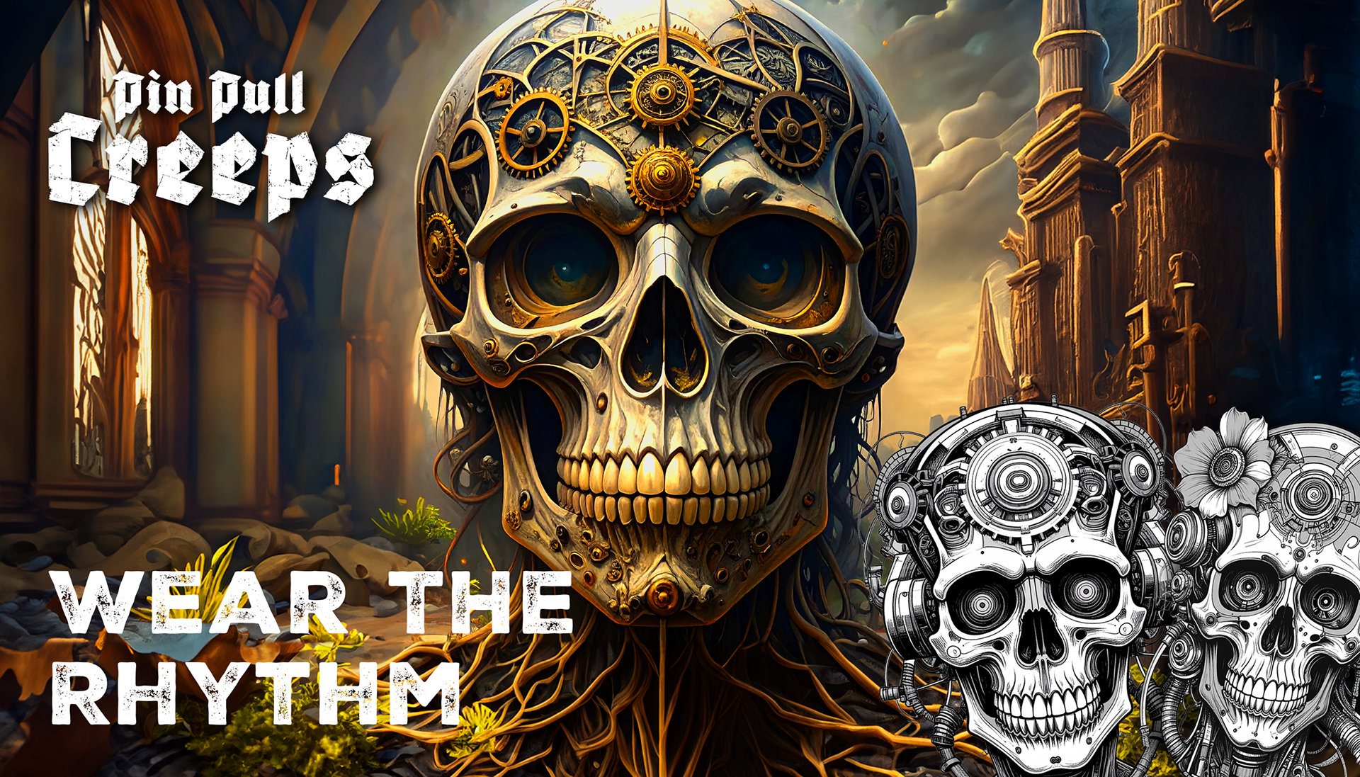 Official Pin Pull Creeps hero image for the landing page, featuring the 'Wear The Rhythm' slogan in industrial typography against a high-contrast, moody streetwear aesthetic for the Pressure Generation.