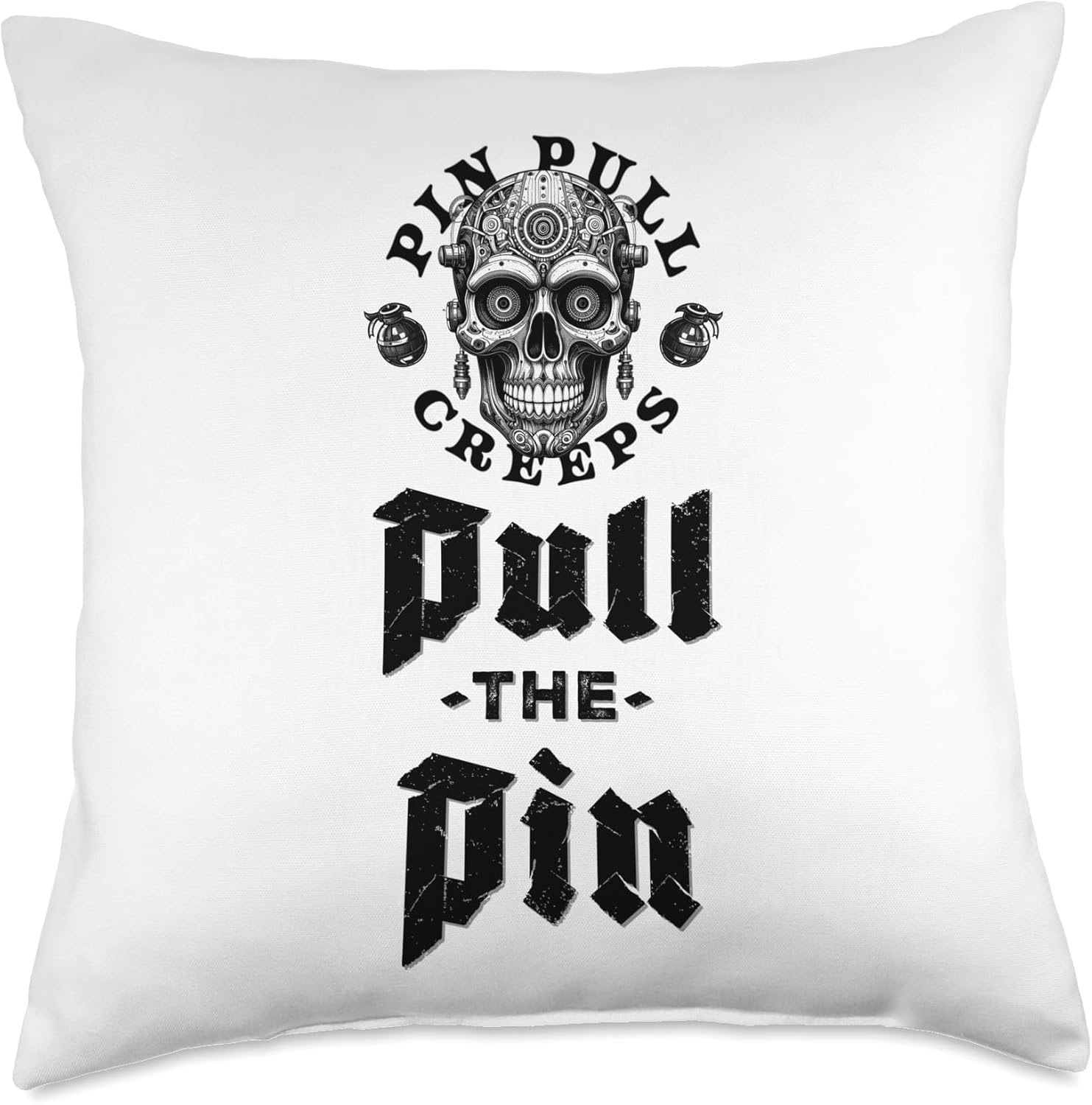 Front view of the Static Signal Creeps Throw Pillow. Features the flagship white-noise interference skull on a Multicolor 16"L x 16"W and 18"L x 18"W double-sided printed tactical pillow to Carry the Signal at home.