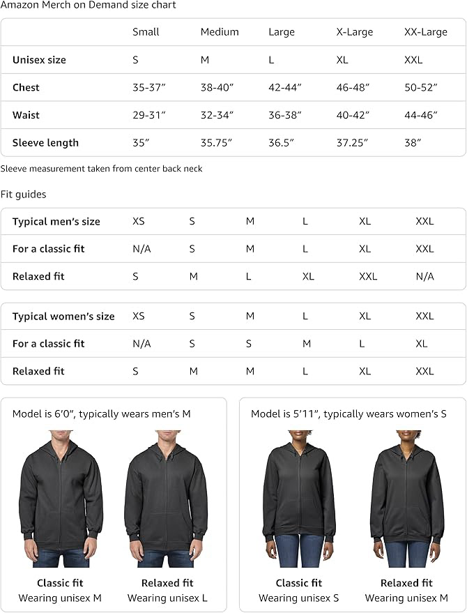 Adult unisex zip hoodie size chart showing chest width, body length, and sleeve measurements for sizes Small through XX-Large