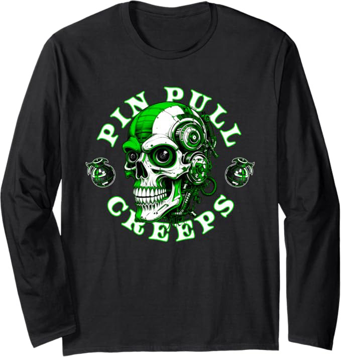 Greenline Creeps Long Sleeve T-Shirt featuring a sharp linear industrial skull graphic. High-velocity vector artwork and tactical hardware design on a premium solid-color long sleeve streetwear shirt.