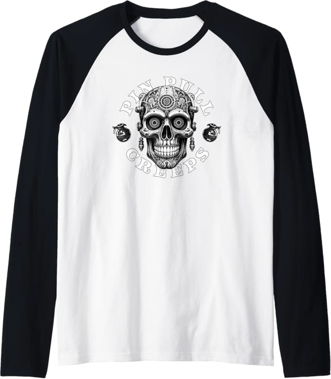 Dead Signal Creeps Raglan Baseball Tee with a monochromatic mechanical skull graphic. The design features high-contrast 'void' aesthetics and industrial hardware patterns on a classic black and white contrast-sleeve shirt.