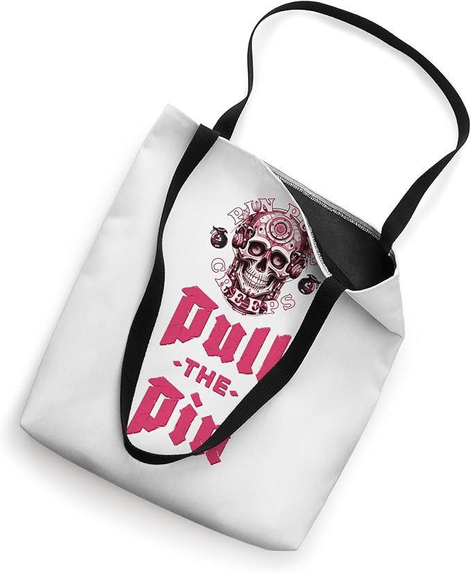 Front view of the Pressure Drop Creeps Tote Bag. Highlights the high-tension mechanical skull hardware designed for the 'Carry the Signal' GEAR collection.