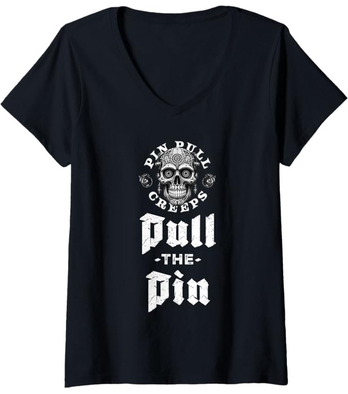 Pull The Pin women’s v neck t shirt by Pin Pull Creeps featuring the brand’s signature streetwear graphic symbolizing pressure, release, and personal resolve. Soft lightweight fabric with a flattering feminine fit designed for modern streetwear culture.