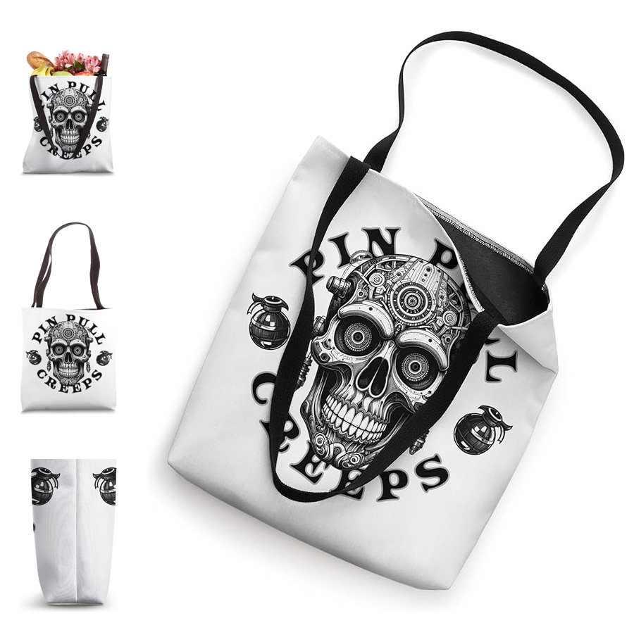 Close-up of the Dead Signal Tote hardware. Highlights the high-durability spun polyester canvas, reinforced flat-bottom base, and 14-inch black cotton webbing strap handles.