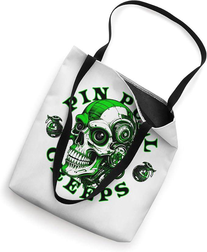 Greenline Creeps Tote Bag featuring the 'Carry the Signal' collection banner. Showcases the high-velocity linear mechanical skull design on a black industrial tote.