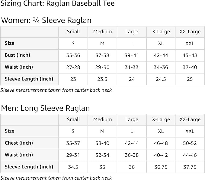 Size chart for the Circuit Bloom Creeps Raglan Baseball Tee. Includes measurements for Small through XX-Large, detailing chest width and body length for the classic men's and women's lightweight fit.