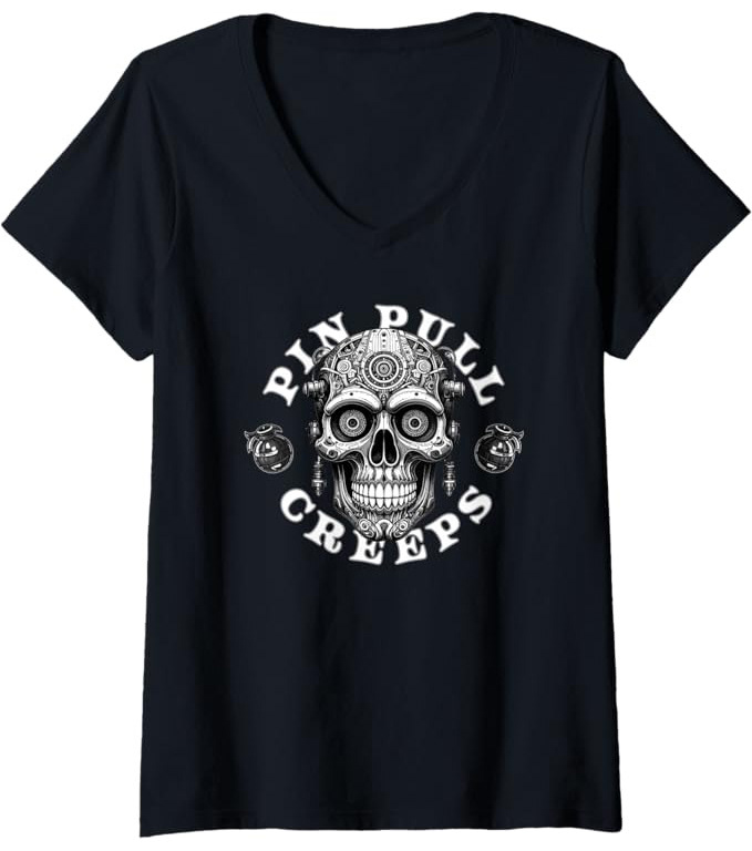 Dead Signal women’s v neck t shirt by Pin Pull Creeps featuring a stark graphic symbolizing silence, signal loss, and defiance in a disconnected world.