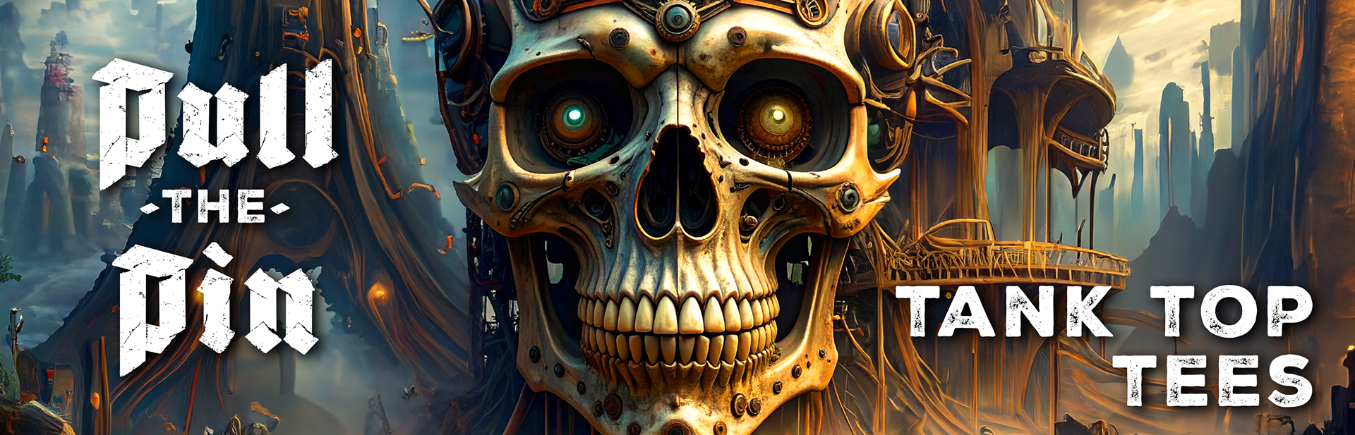 Pin Pull Creeps Tank Top collection hero image. Featuring the Static Signal industrial-grit mechanical skull design on a lightweight, 100% cotton sleeveless technical streetwear shirt.