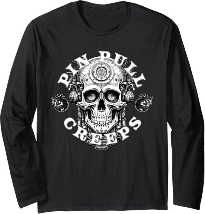 Pressure Drop Creeps Long Sleeve T-Shirt featuring a high-tension industrial mechanical skull graphic. The artwork depicts atmospheric pressure shifts and tactical hardware elements on a premium black long-sleeve tee.