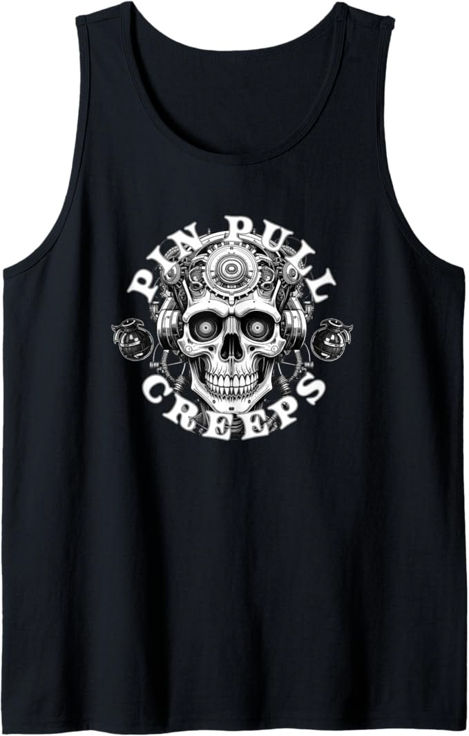 Candy Flipped Creeps Tank Top featuring a neon-industrial skullcore graphic with glitched hardware and rave-euphoria aesthetics. 100% cotton sleeveless streetwear shirt with high-saturation pink and blue patterns.