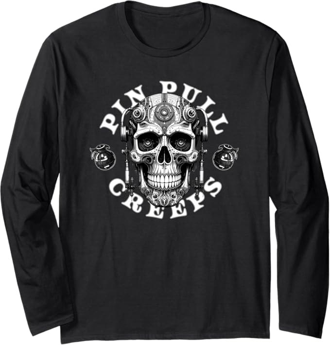 Cranial Nerve Creeps Long Sleeve T-Shirt featuring a detailed anatomical skull and neurological wiring graphic. High-contrast industrial hardware and nerve pattern design on a premium solid-color long sleeve tee.