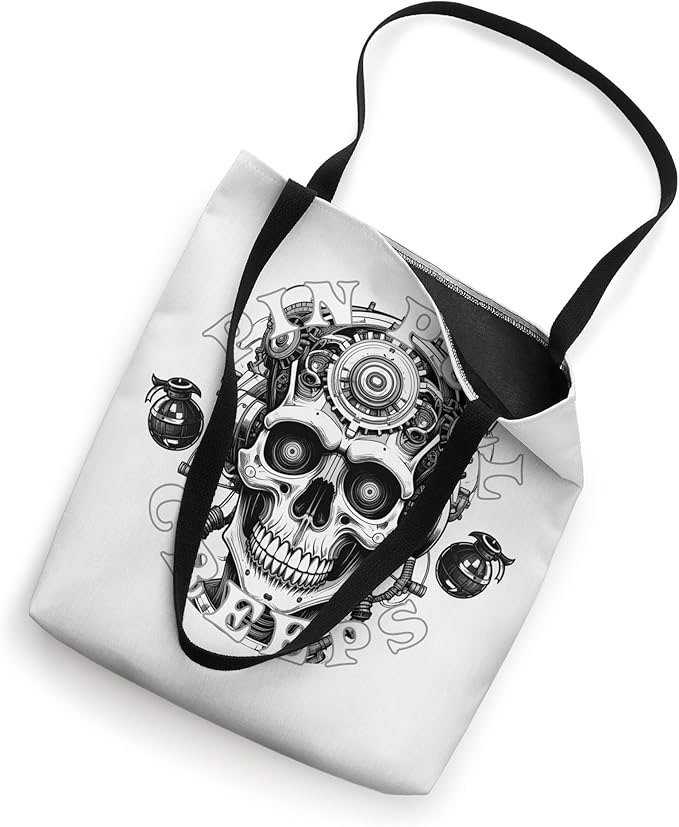 Front view of the Candy Flipped Creeps Tote Bag. Features a neon psychedelic mechanical skull on black industrial gear from the 'Carry the Signal' collection.