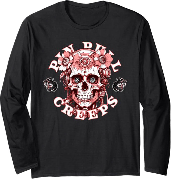 Circuit Bloom Creeps Long Sleeve T-Shirt featuring a mechanical skull integrated with biological circuitry. High-detail industrial-organic graphic on a premium solid-color long sleeve technical streetwear shirt.
