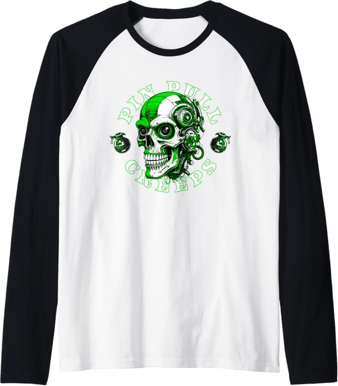 Greenline Creeps Raglan Baseball Tee featuring a linear industrial skull design. The artwork highlights sharp vector lines and high-velocity graphic elements on a contrast-sleeve technical streetwear shirt.