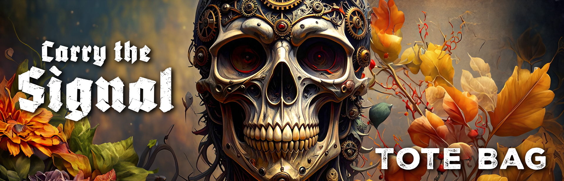 Dead Signal Creeps Tote Bag featuring the 'Carry the Signal' collection banner. Showcases the high-contrast monochromatic mechanical skull on an industrial black 16x16 streetwear tote.