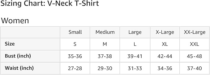 Pin Pull Creeps women’s v neck t shirt size chart showing chest width and body length measurements for accurate fit selection.
