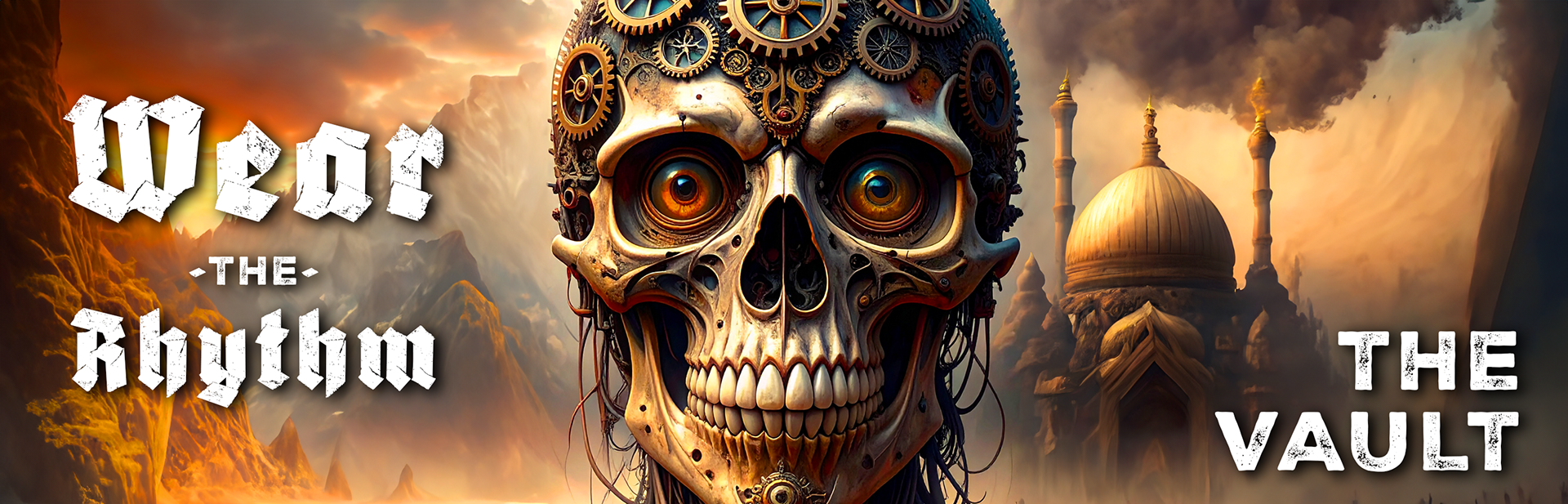 Pin Pull Creeps Vault landing page hero image: A high-contrast, industrial digital archive interface featuring the 'Wear The Rhythm' slogan and restricted access messaging for the Pressure Generation's past collections.