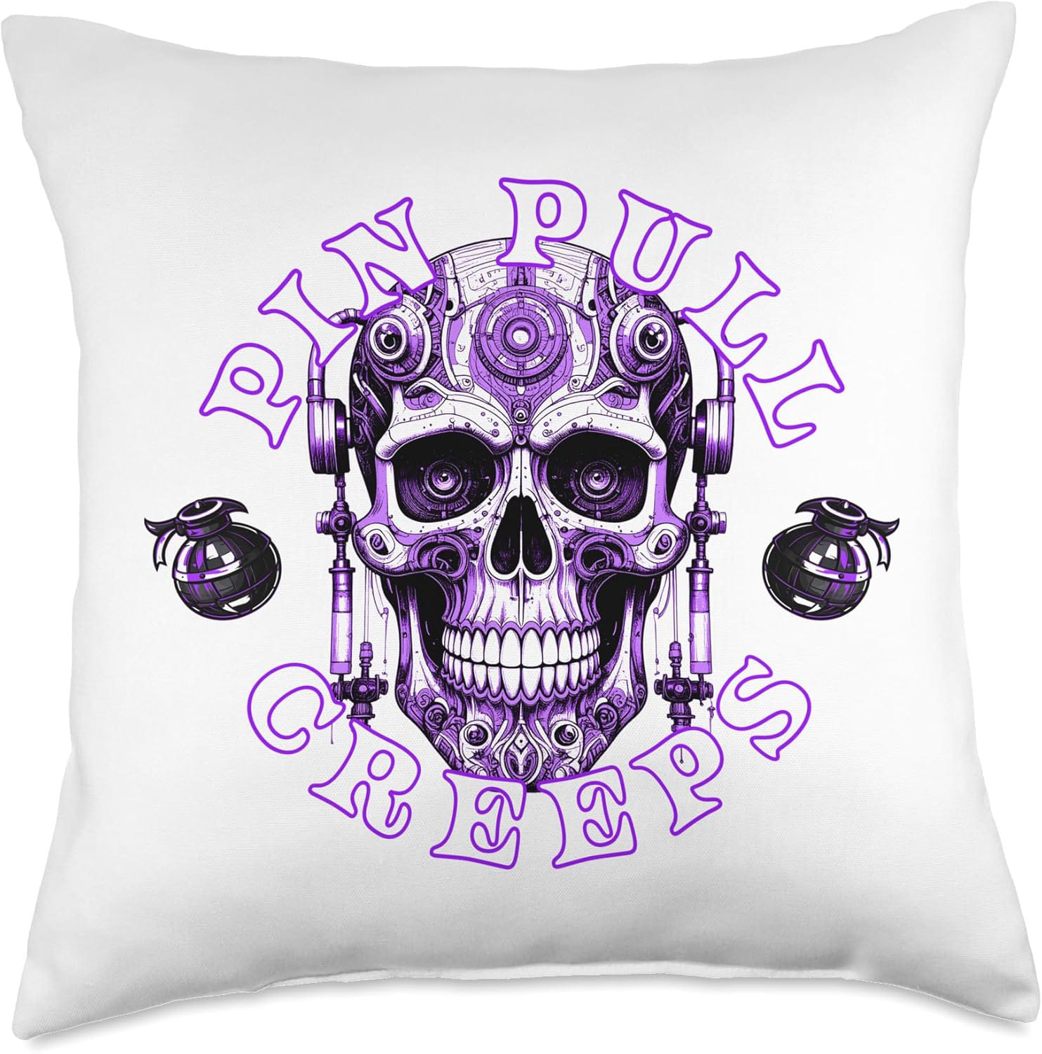 Front view of the Cranial Nerve Creeps Throw Pillow. Showcases the high-detail white anatomical neural-network skull Multicolor 16"L x 16"W and 18"L x 18"W design on industrial-grade polyester home gear.