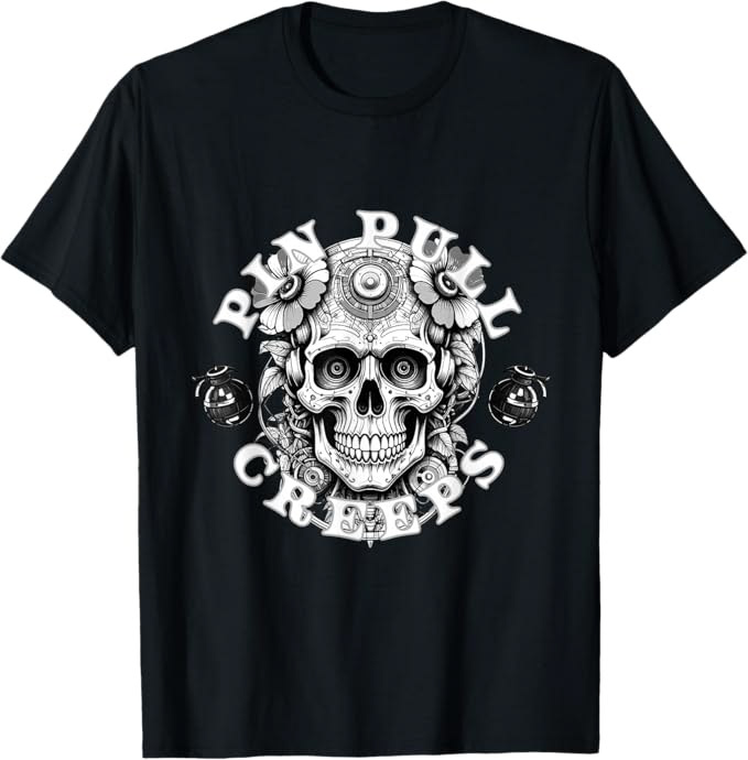 Front view of the Sticky Bloom Creeps Regular T-Shirt. 100% cotton industrial-grade streetwear featuring the high-fidelity Sticky Bloom mechanical skull identity.