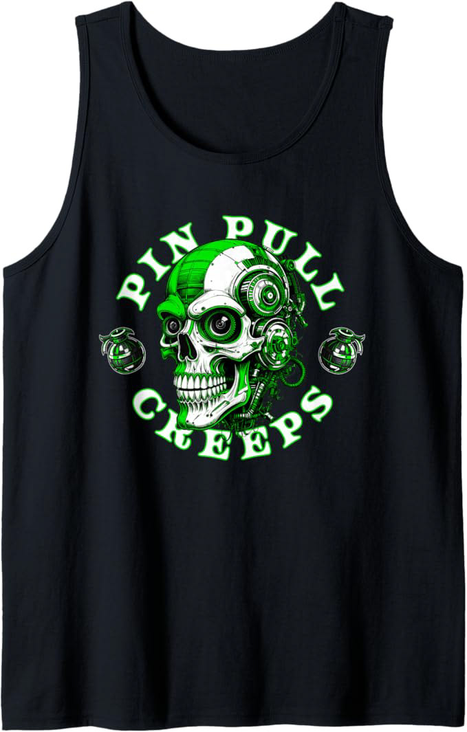 Greenline Creeps Tank Top featuring a sharp linear industrial skull graphic. High-velocity vector artwork on a premium 100% cotton sleeveless streetwear shirt.