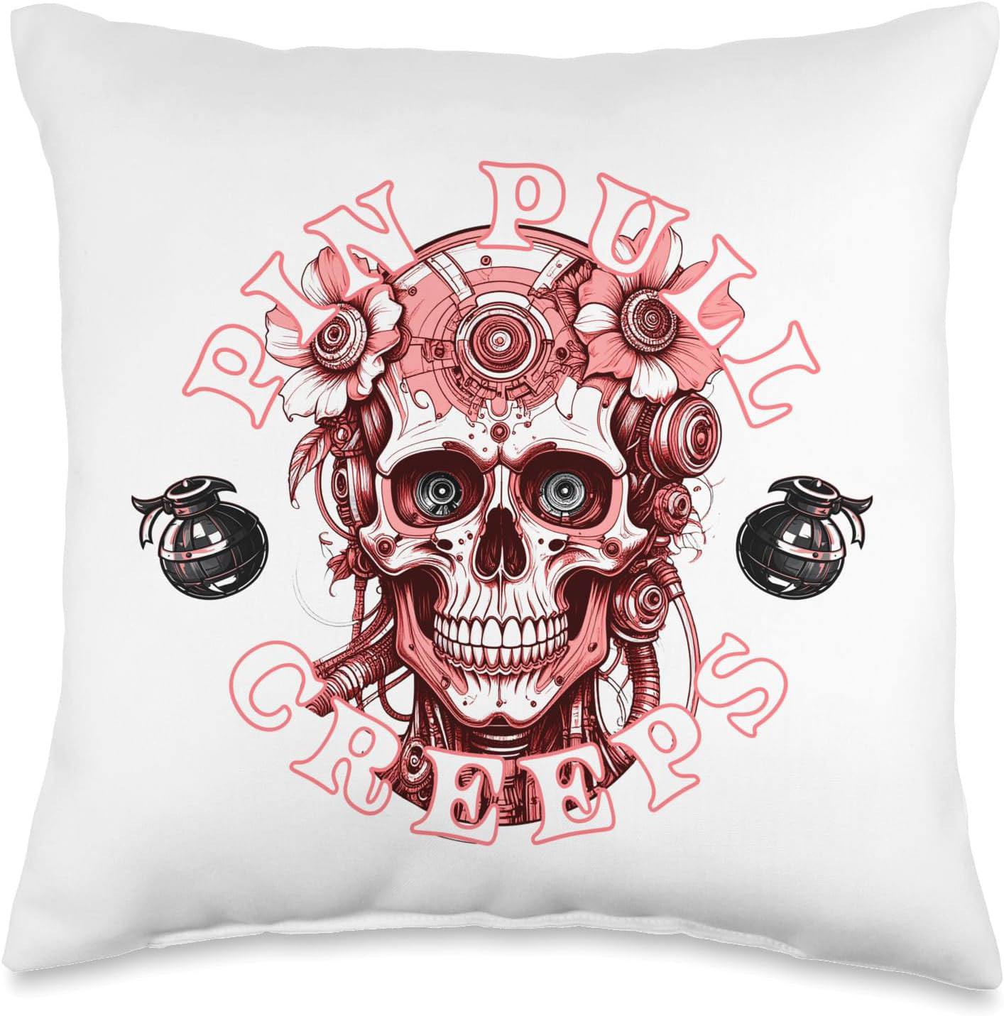 Circuit Bloom Creeps a Throw Pillow from the 'Carry the Signal' GEAR collection. Features a neon-green mechanical skull merged with biological circuitry on an 16x16 and 18x18 industrial pillow.