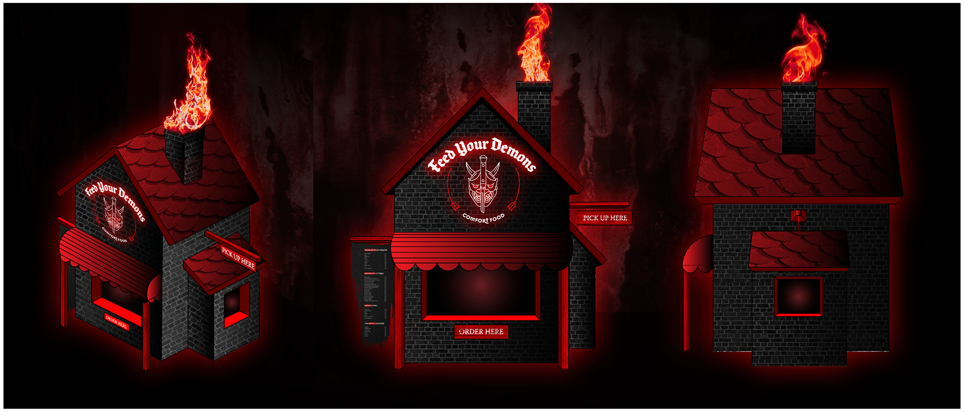 A 3D view of Feed Your Demons Popup restaurant done in illustrator.