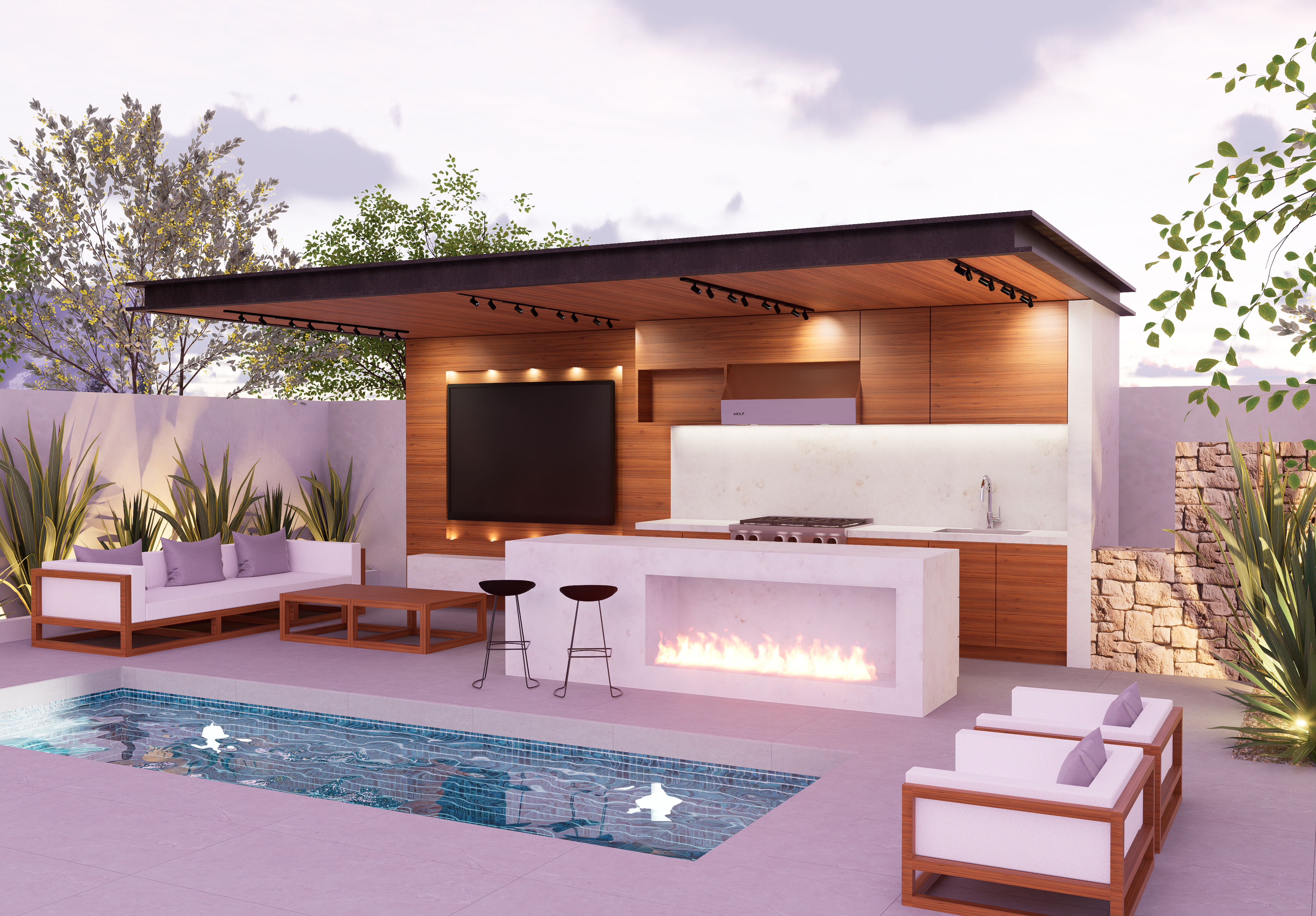 Pool and entertainment area in backyard