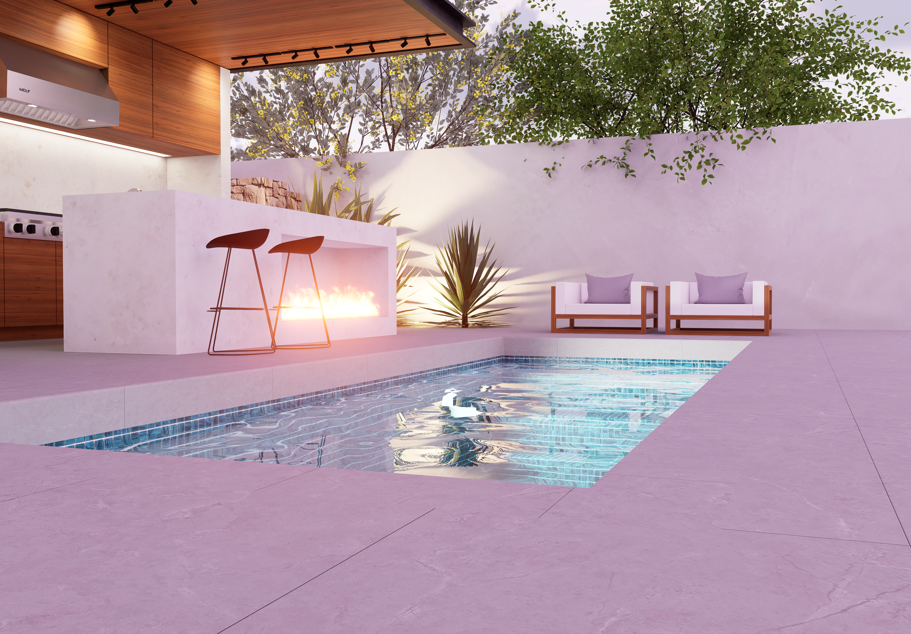 Pool and seating areas in backyard