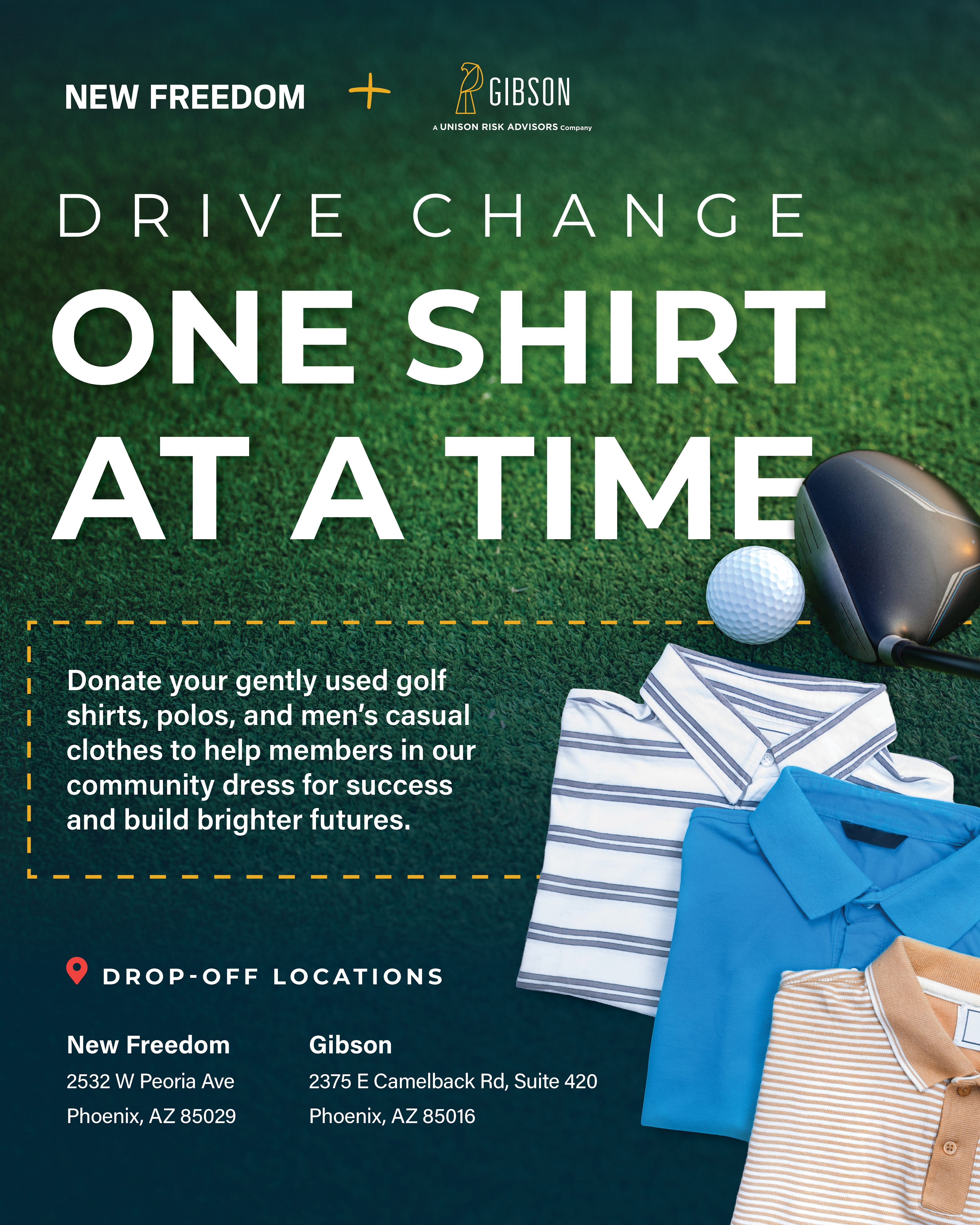 A digital flyer promoting a collaborative clothing drive benefiting a re-entry and recovery non-profit.