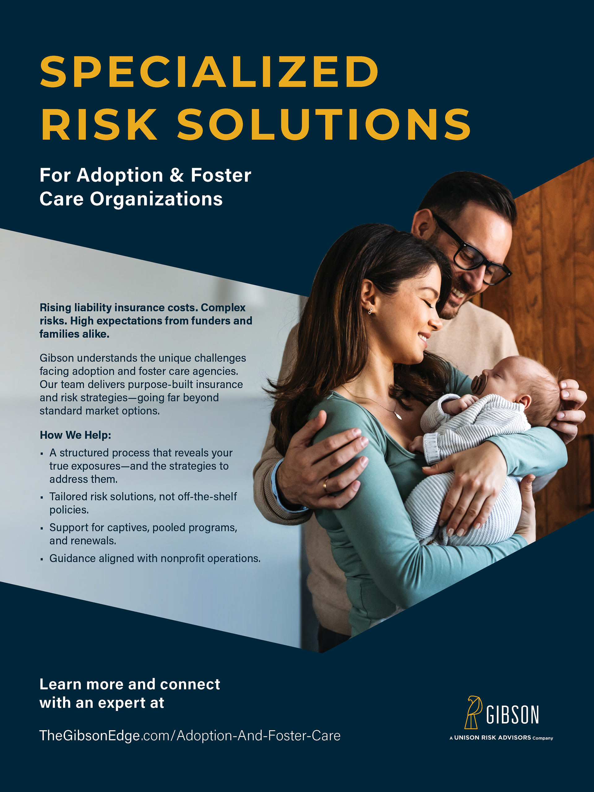 An ad for Gibson's adoption and foster care insurance practice.