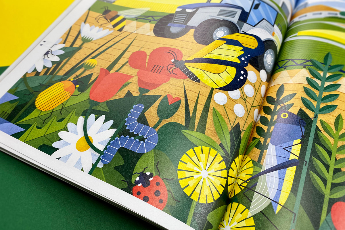 Summer field illustration with insects and agriculture machines in the background by Adrian Bauer
