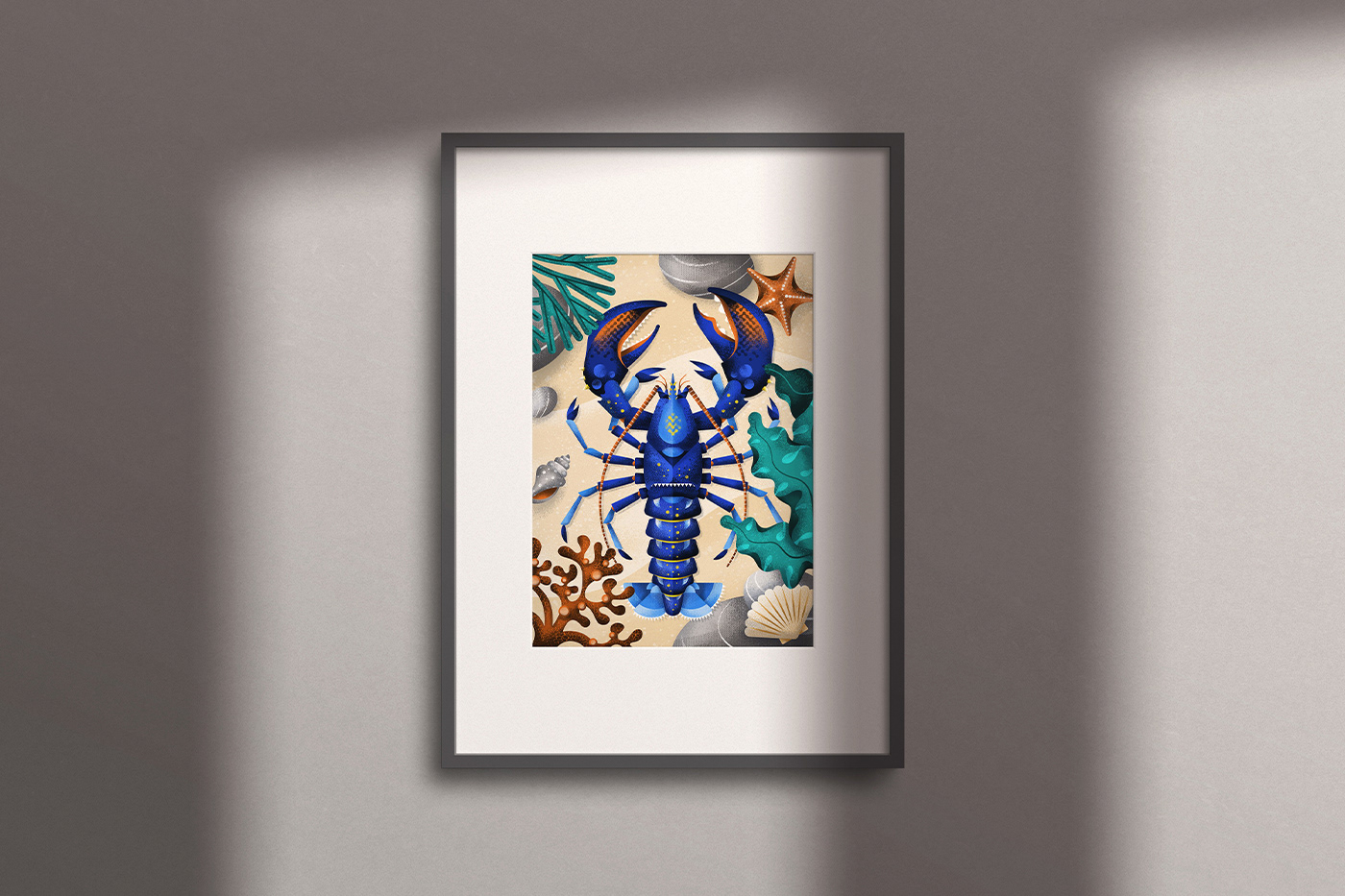 Framed lobster illustration by Adrian Bauer